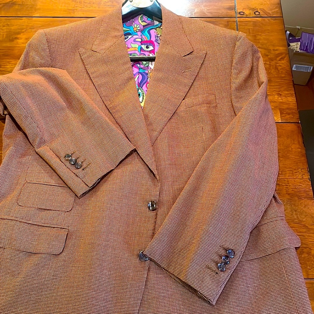 OXXFORD CLOTHES sport coat 46R, brown/salmon, surgeon sleeves, peak lapels.